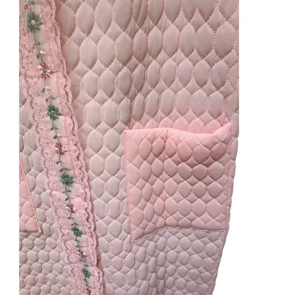 Vintage 60's Pink Quilted Floral Embroidered  Robe Housecoat Size 12 202 - Picture 4 of 7
